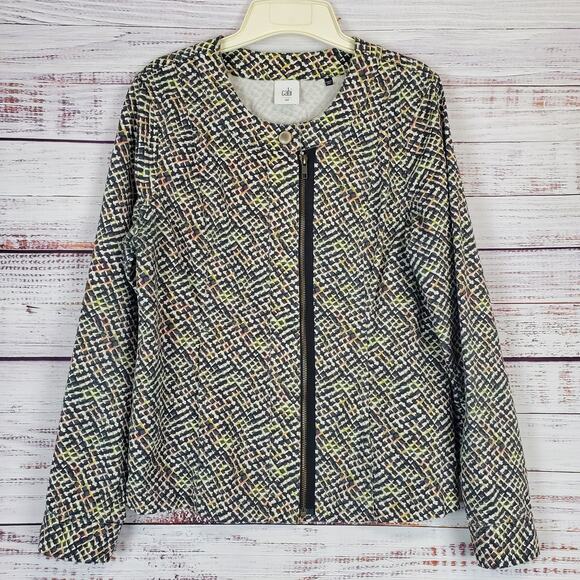 Cabi Cliffside Moto Jacket Zip Geocheck Blazer Coat Multicolor Academia Preppy M - Picture 1 of 11